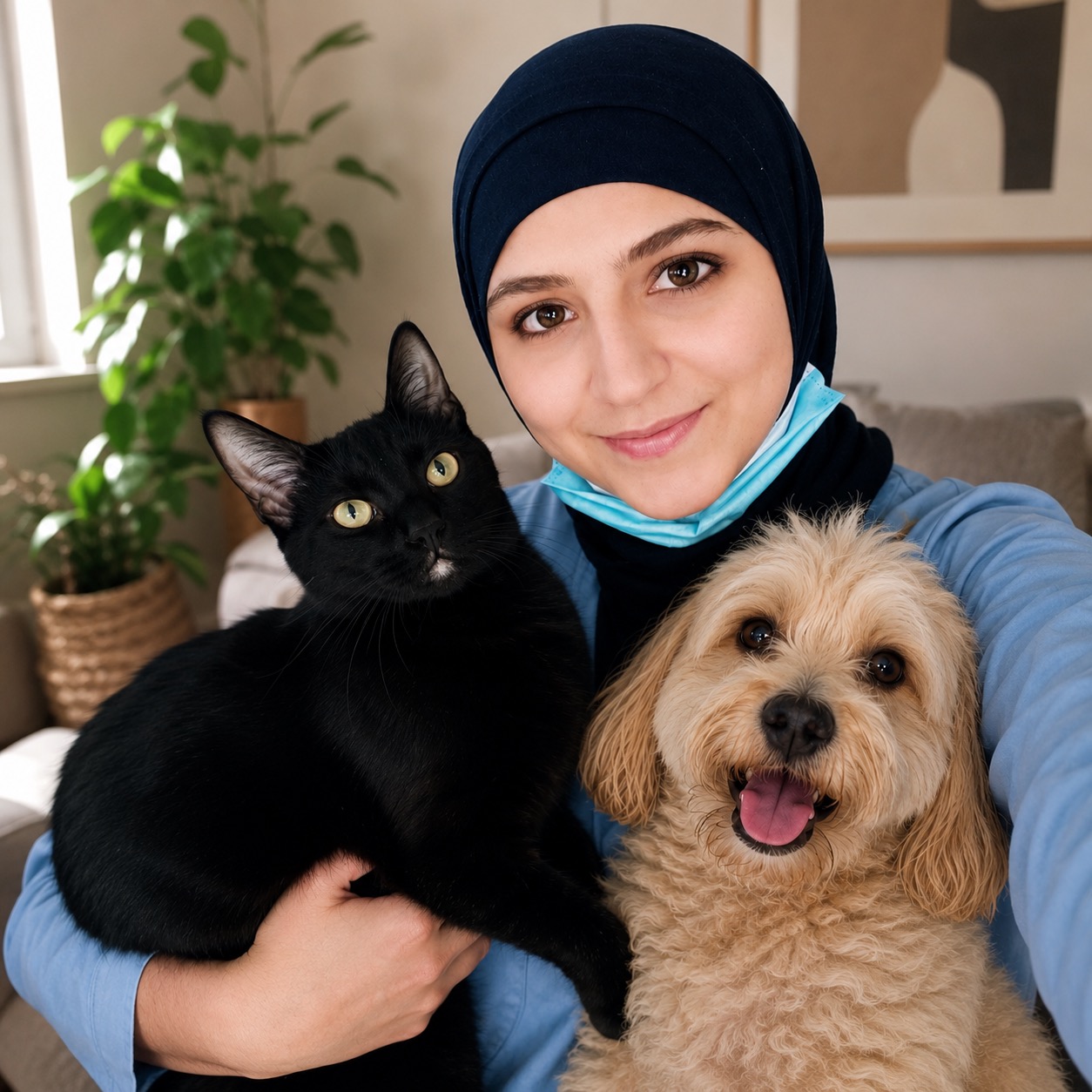 Danielle Fawaz holding a black cat and a cream doodle during an at-home grooming visit in Metro Detroit